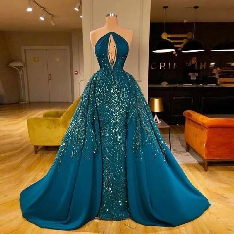 Dark Green Mermaid Evening Dresses With Detachable Train 2020 Real Image Shiny Sequin Women Long Prom Dresses Party Gown