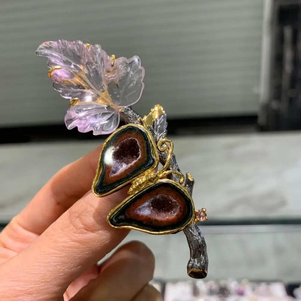 

natural agate and crystal butterfly amethy leaf brooch pendant double use fine women jewelry 925 sterling silver only 1 piece
