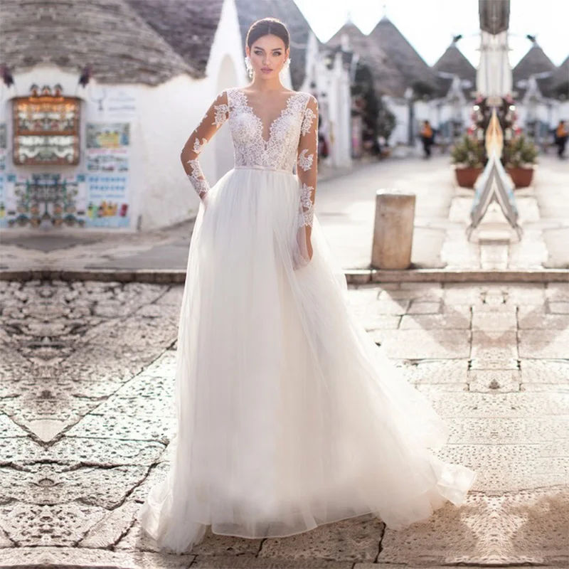 

Illusion Tulle Scoop Neck Bridal Dresses Long Sleeves Lace Appliques with Belt Wedding Dress Back Button Vestido De Noiva