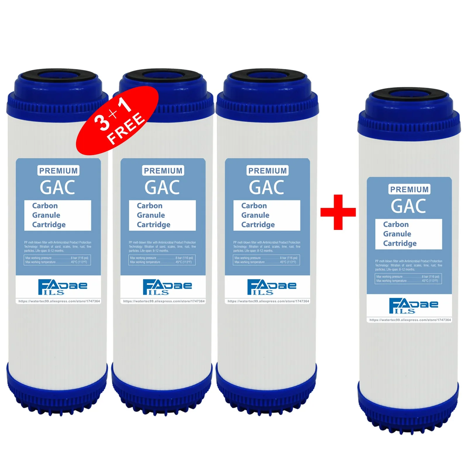 

Premium GAC Granular Activated 2.5" x 10" Water Filter Cartridge for Home Water Purifier(3+1 FREE)