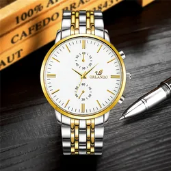 Mens Gold Watches ORLANDO Fashion Quartz Watch Silver Gold Stainless Steel Mens Watches Clock Men Dress Watch Men Business Watch