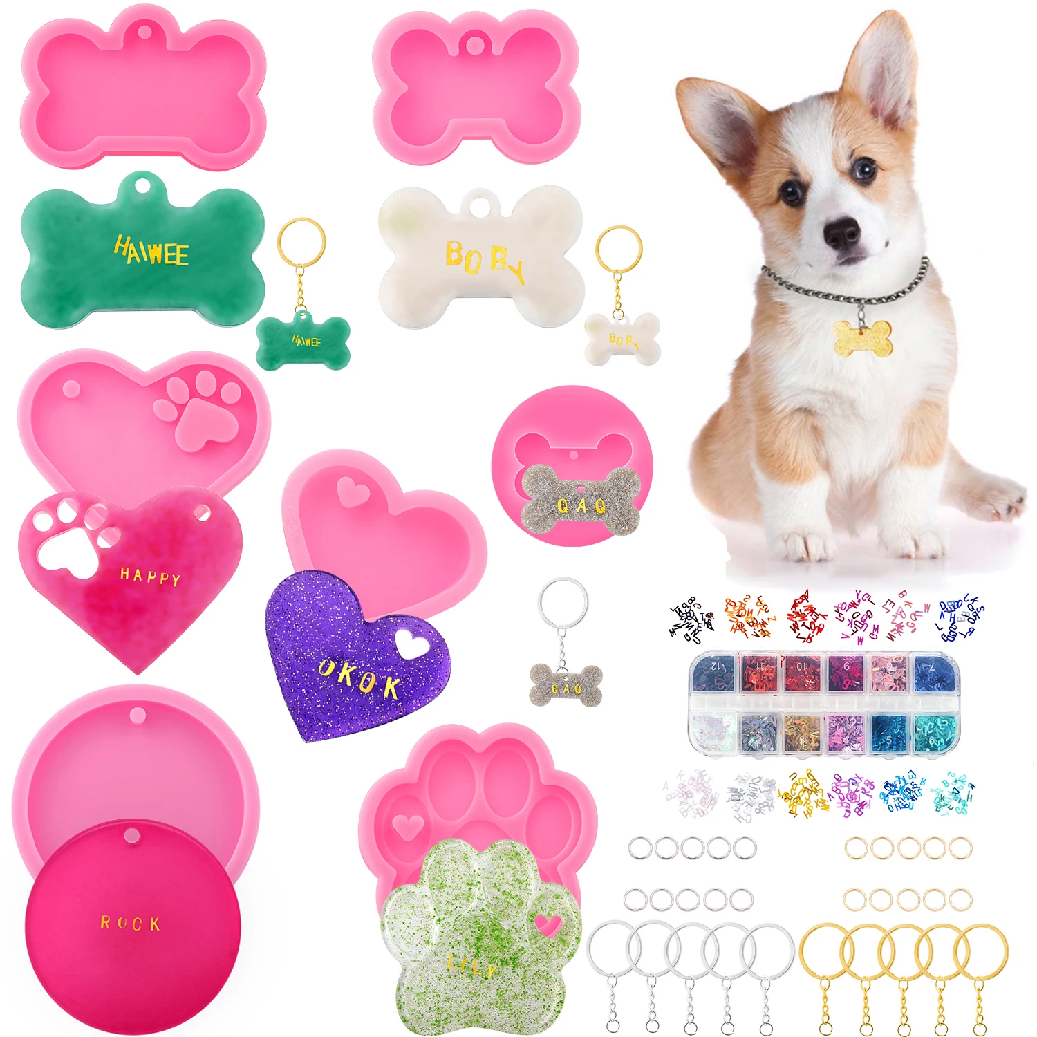 1Set Dog Bone Shaped Silicone Mold Kits Round Keychain Epoxy Resin Mould Dog Tag Pendant Making Epoxy Resin Mold Kits