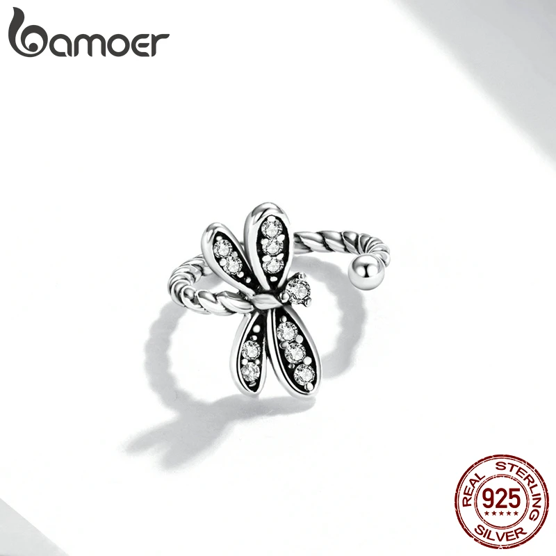 Bamoer 1PC Vintage 925 Sterling Silver Dragonfly Ear Cuff for Women Ear Clip New Trendy Simple Style Jewelry Set Friendship Gift