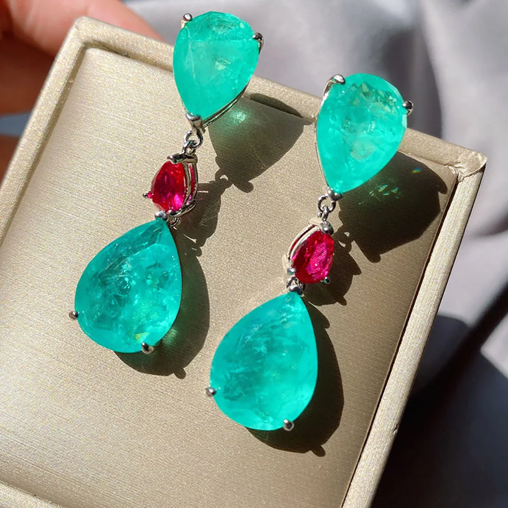 Charms Vintage Paraiba Tourmaline Emerald Gemstone Drop Big Earrings for Women Wedding Earrings Fine Jewelry Accessories Gift