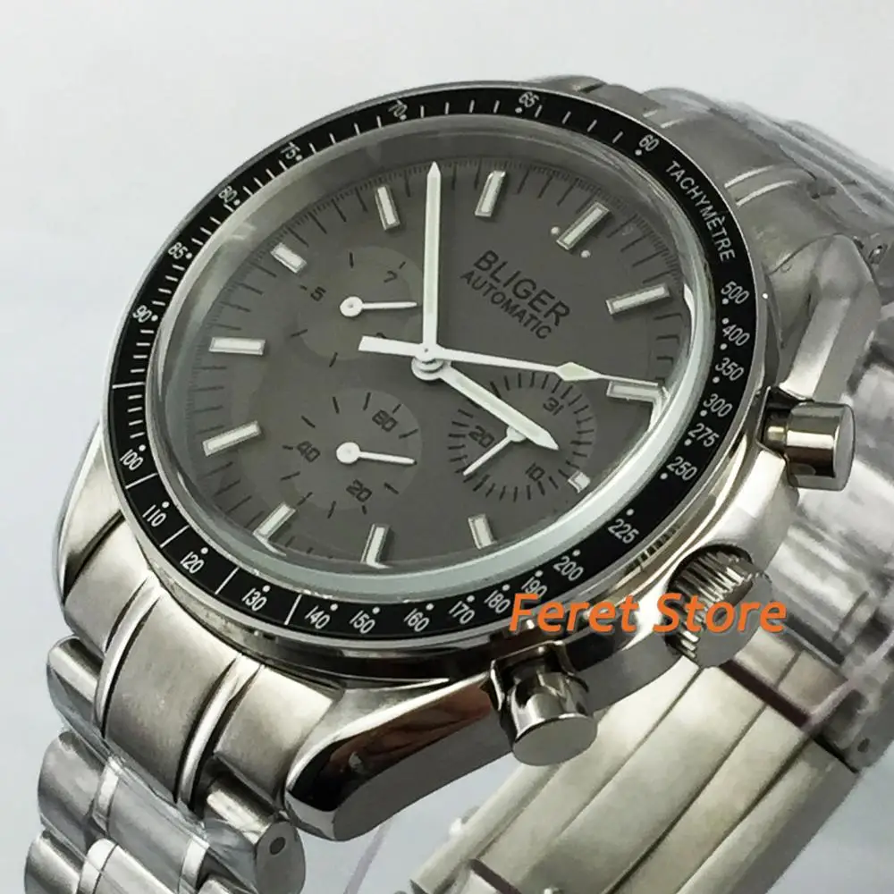 

BLIGER 40mm Mechancial Luminous Men Watch gray Date Dial stainless steel strap Automatic watch