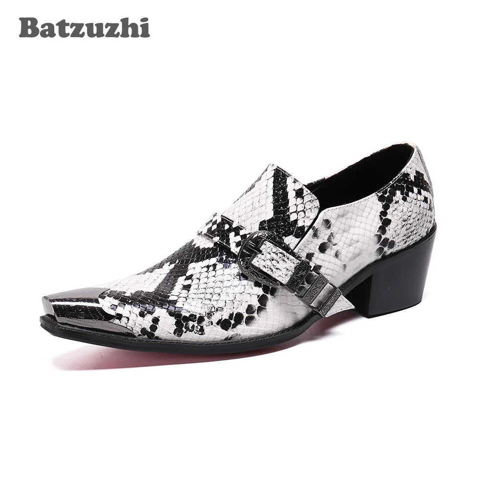 Batzuzhi Italian Type Fashion Men's Shoes Metal Tip Toe Leather Dress Shoes Men Snake Pattern 6.5cm High Heels Party Shoes Men