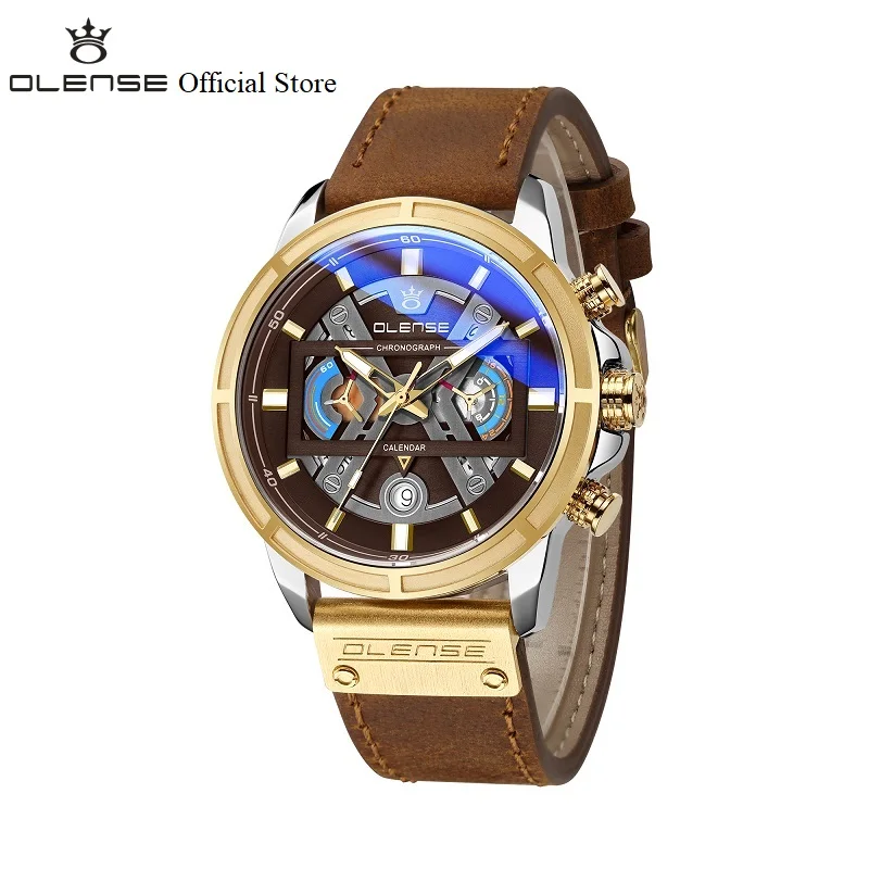 

Sport Watches for Men, Leather Strap Shockproof Waterproof Watch OLENSE 9008M-1, Chronograph Auto Date Luminous Hands Clock New