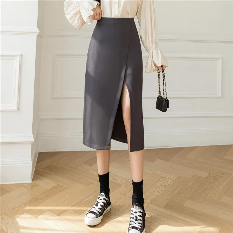 REALEFT 2021 New Autumn Women Pencil Skirts Vintage High Waist Front Split Office Ladies Casual Solid Color Midi Skirts Female