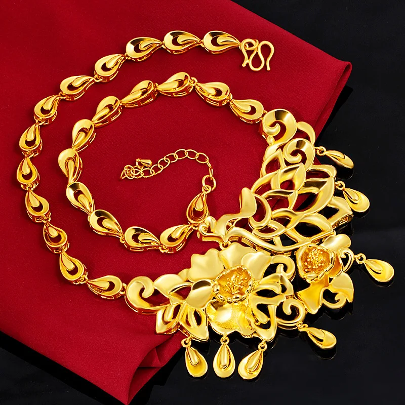 

Golden Wedding Jewelry Phoenix Flower Chain Female 24k Gold Plated Wedding Jewelry Bridal Imitation Gold Necklace