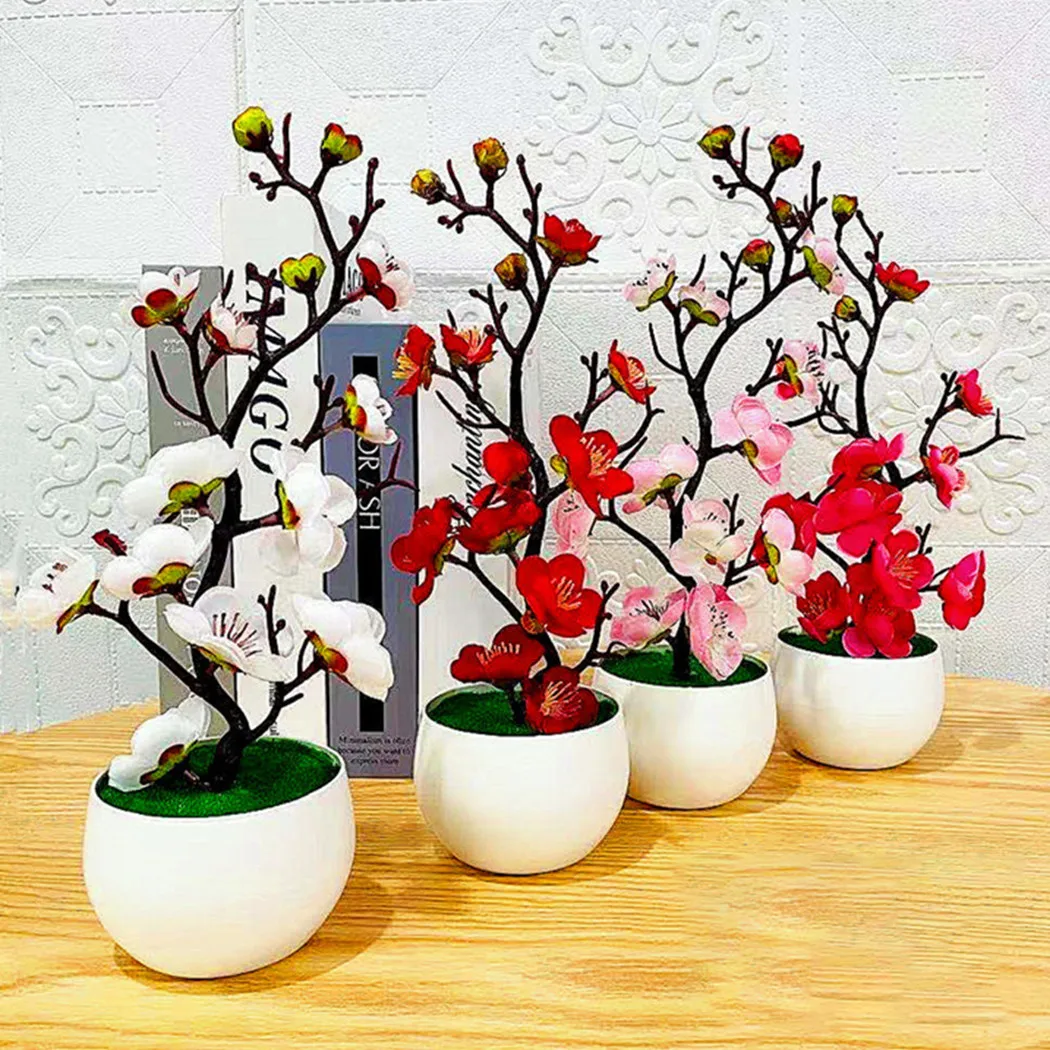 

Artificial Plum Blossom Potted Fake Flower Bonsai Simulation Pot Plants Artificial Pot Plant Home Office Garden Decoration