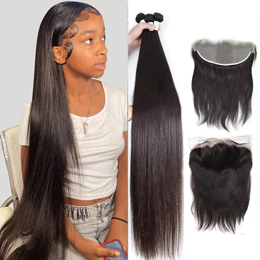 

26 28 30Inch Bone Straight Human Hair Bundles With Frontal Peruvian Hair Weave Bundles With 13x4 Lace Front Remy Hair Extensions