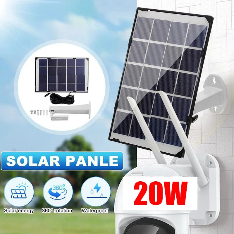 20W Mini Solar Panel Waterproof for IP Security Camera Outdoor Solar Power Panel Charger with 5M/16Ft 5V MicroUSB Charging Cable