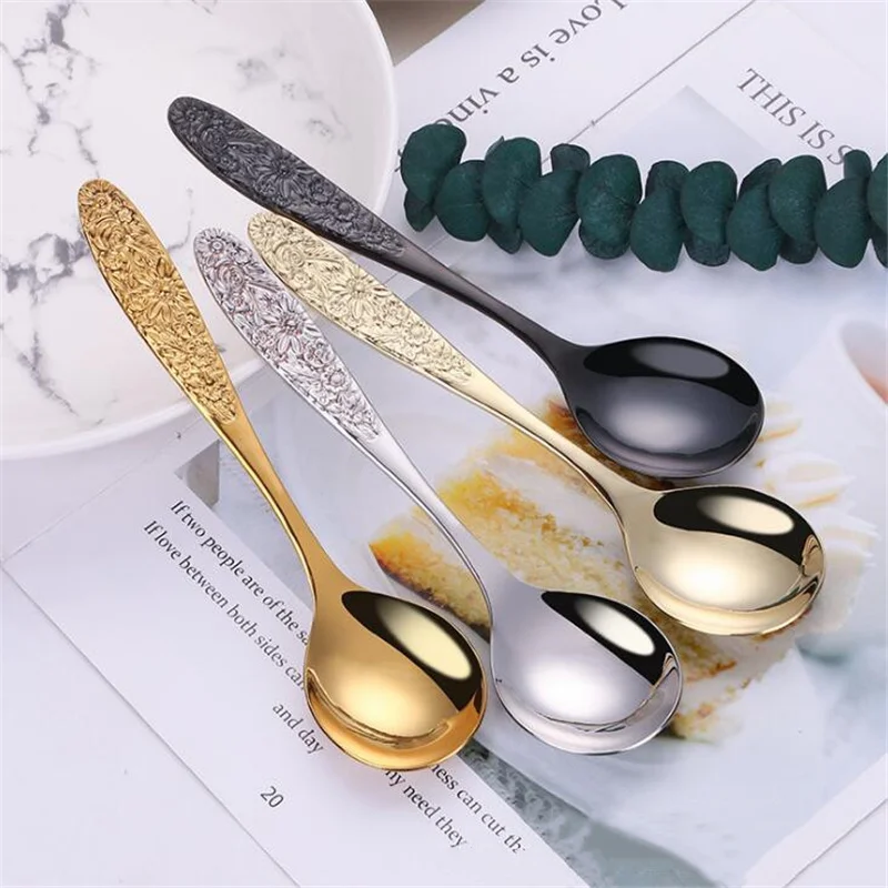 New 304 Stainless Steel Spoon Thickened Children Spoon Retro Flower Pattern Handle Round Head Soup Rice Spoons