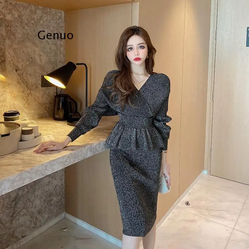 Knitted Two Piece Set Women Solid Lurex Office Lady Ropa Mujer V Neck Short Sweaters + Long Skirts 2021 Clothes