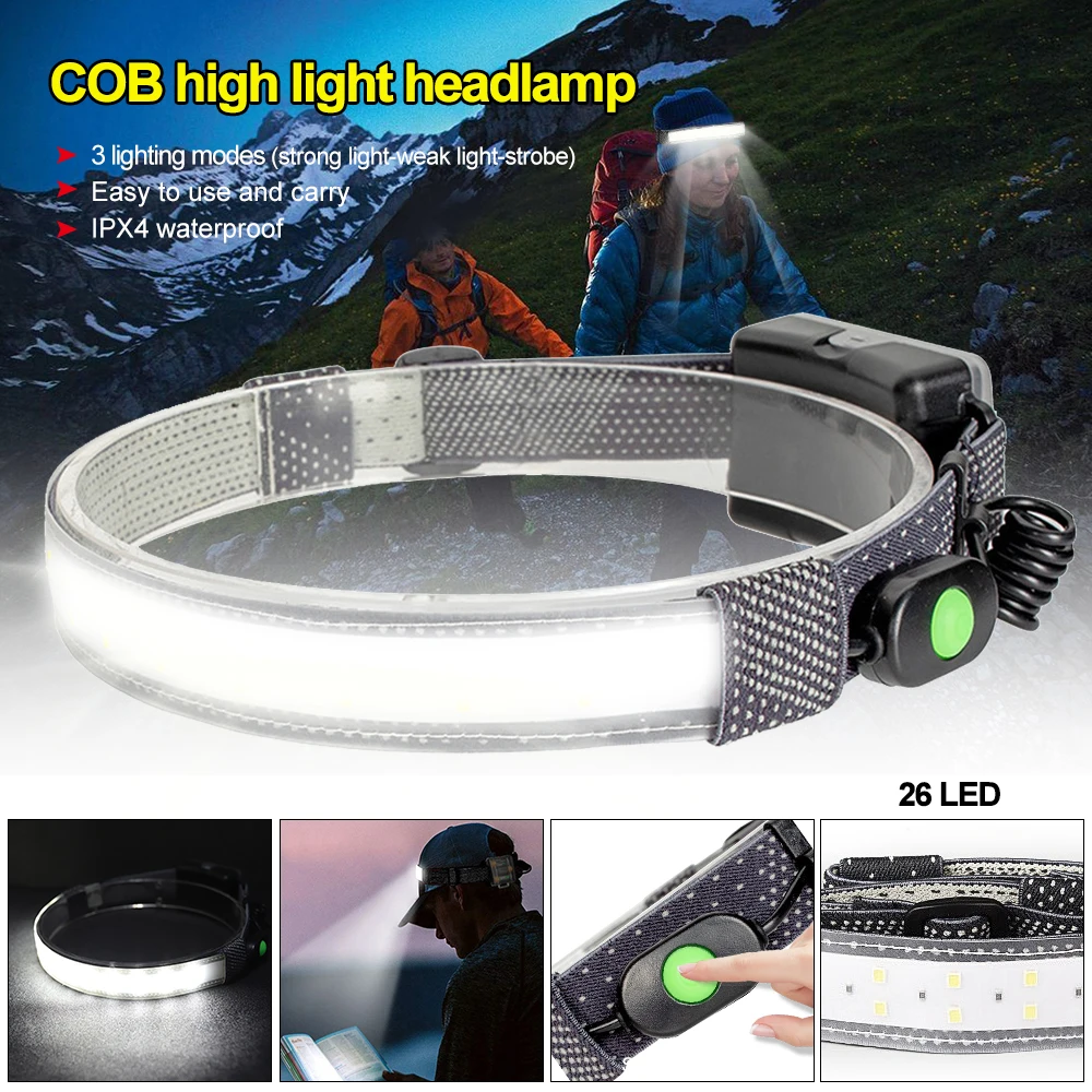 Linterna frontal COB impermeable, iluminación estroboscópica de advertencia de 3 modos, 15W, 1000LM, 20 Led, 3AA, blanco, Camping, trabajo