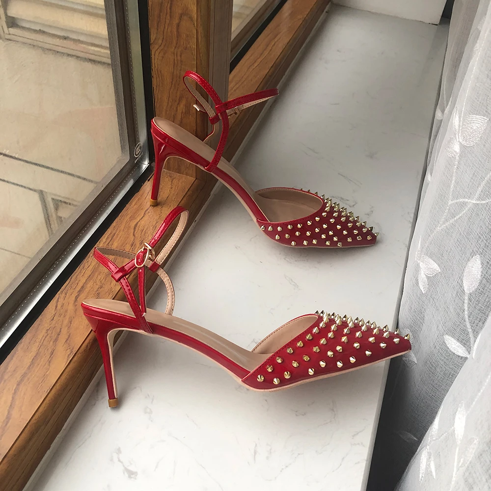 Tikicup Metal Spikes Summer Women Red Pointy Toe High Heel Slingbacks Pumps Ankle Strap Sexy Ladies Stilettos Shoes Customize