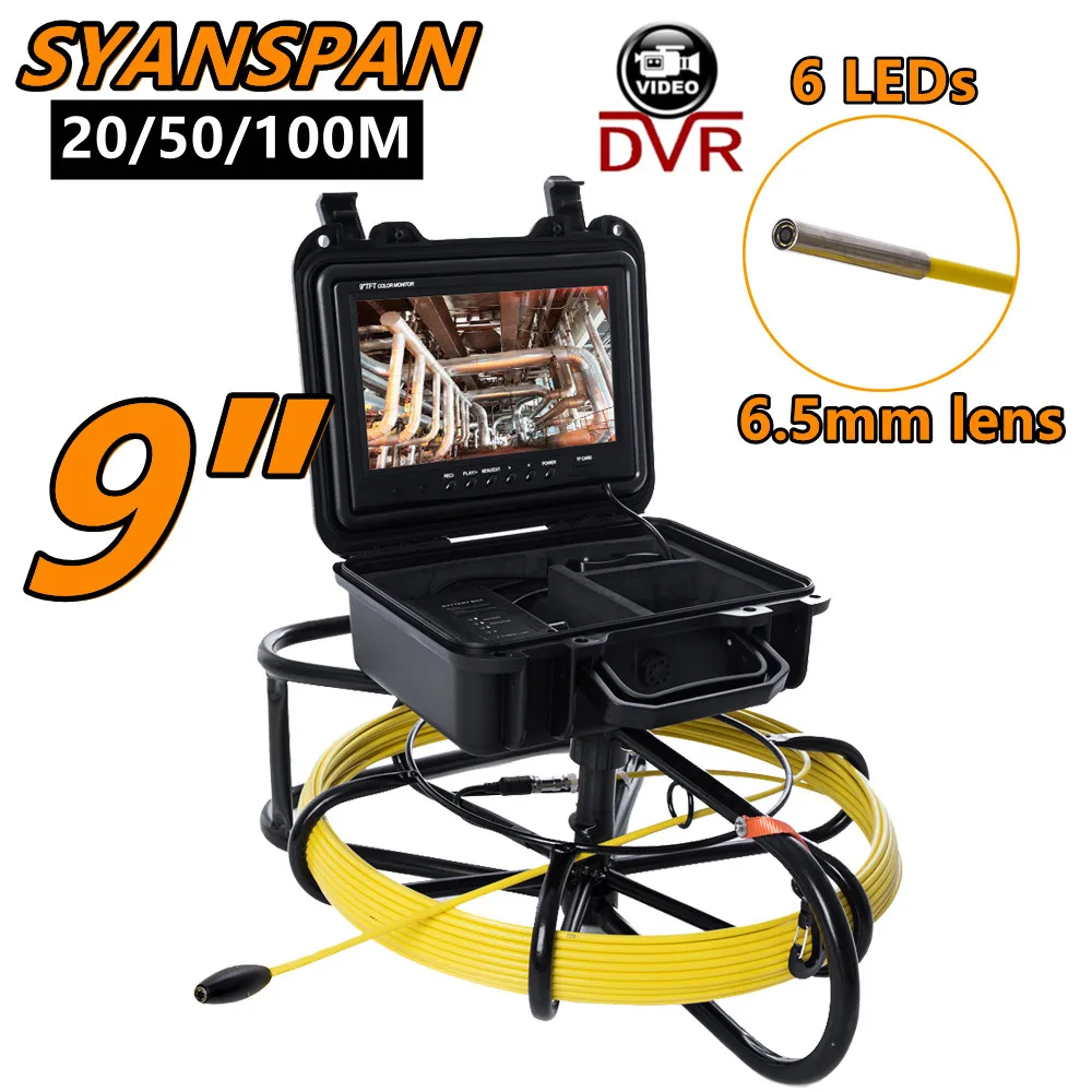 

9" DVR 6.5mm Lens SYANSPAN Pipe Inspection Camera IP68 Video Camera Drain Sewer Pipeline Industrial Endoscope with Meter Counter