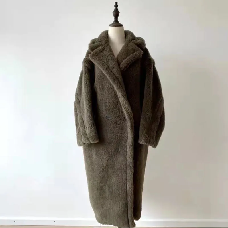 Casaco feminino casaco de inverno urso de pelúcia estilo real lã de ovelha jaqueta turn-down colarinho longo comprimento grosso quente roupas