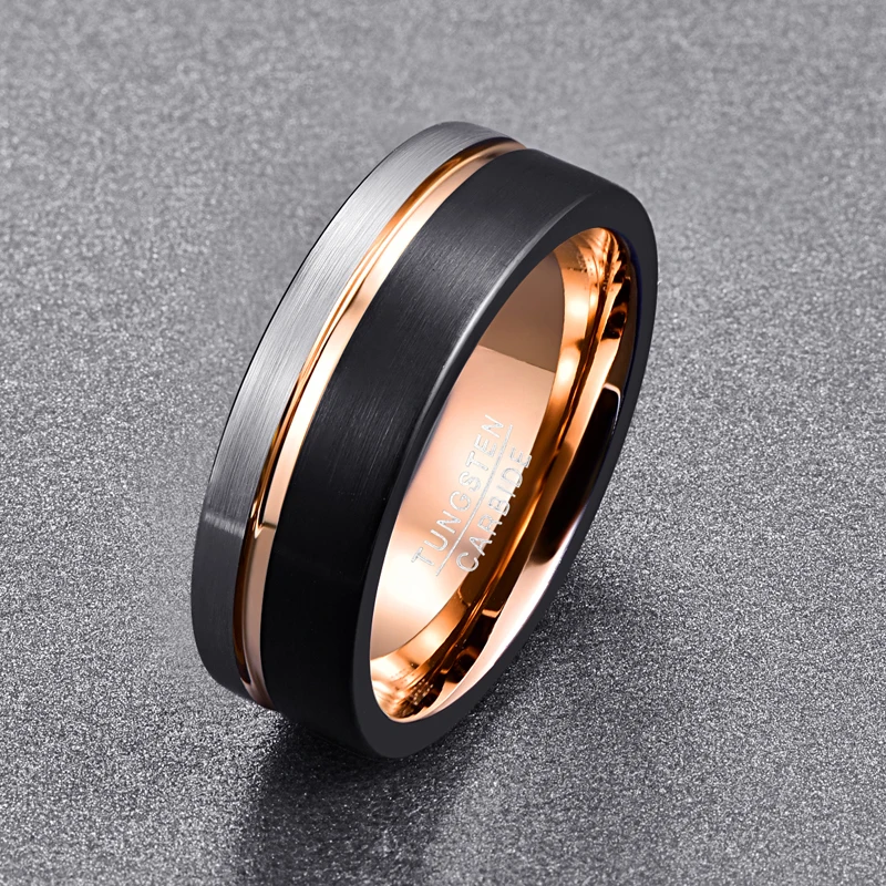 JQUEEN Rose Gold Color Groove Woman Men\'s Tungsten Carbide Ring Classic Wedding Brushed Black Male Jewelry Rings For Band