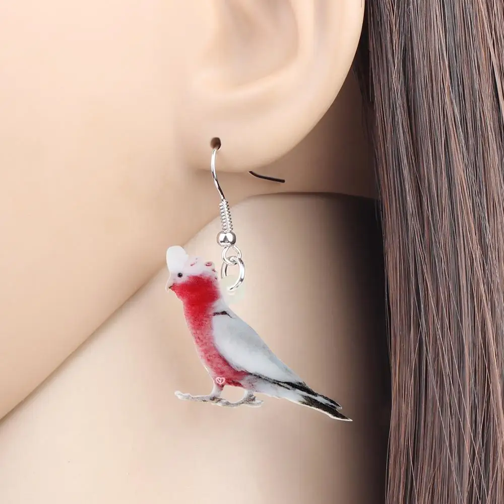 Bonsny Acrylic Flying Gallah Rose Breasted Cockatoo Earrings Print Bird Animal Dangle Drop Jewelry For Women Girls Novelty Gifts