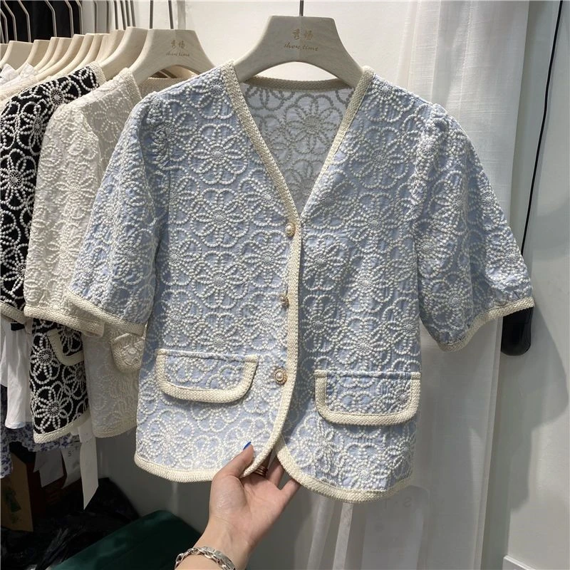 Summer Chic Korean Short Sleeve Plaid Woolen Coats Jackets Woman Tweed Jacket Fashion Elegant Office Lady Sweet Outwear Crop Top