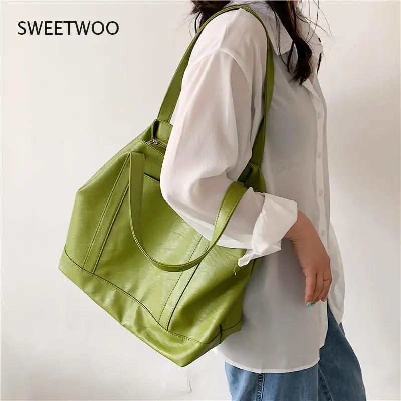 Women Large Soft Tote Bag Faux Leather Shoulder Bag Green White Brown Summer 2021