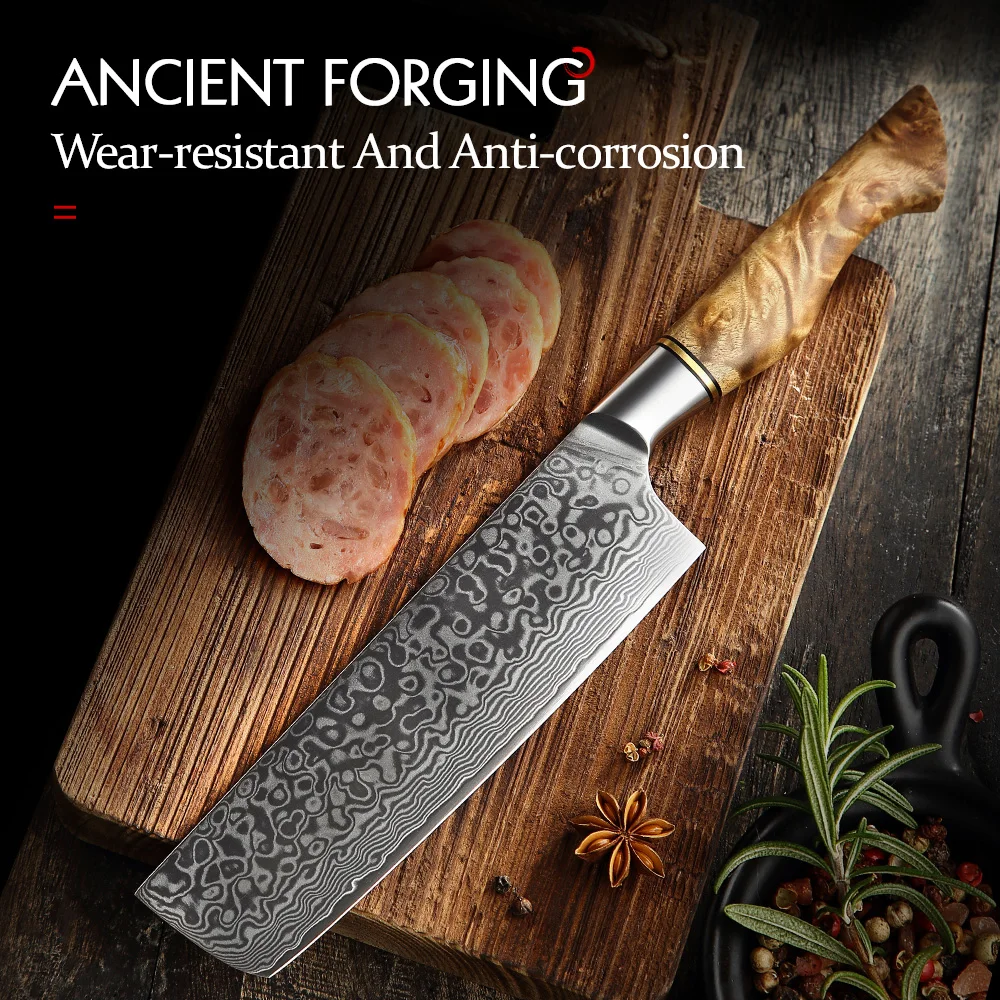 HEZHEN 7 Inch Nakiri Knife Real 67 Layer Damascus Super Steel Cut Meat Fish Vegetable Sharp Blade Kitchen Cook Knife