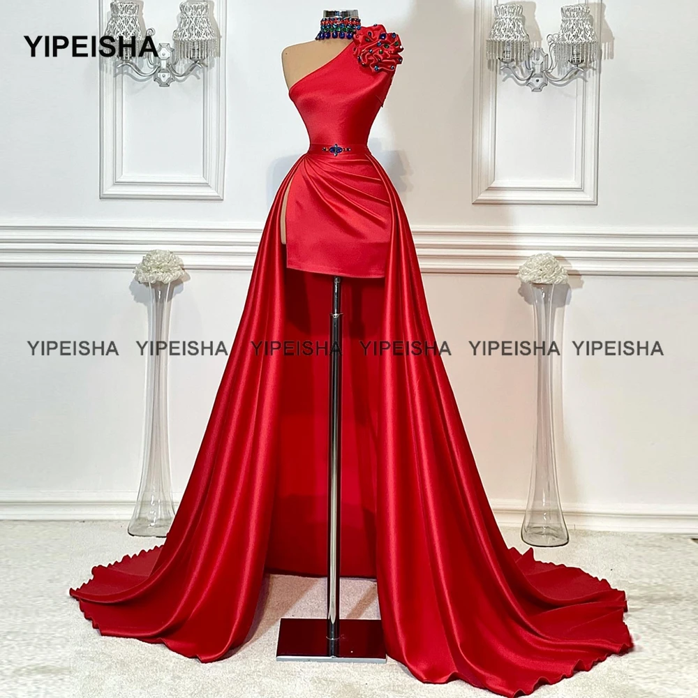 Yipeisha Kralen Kraag Rode Prom Jurk Hoge Lage Asymmetrische Hi-Lo Party Dress Custom Made Satin Masquerade Gown Aangepast