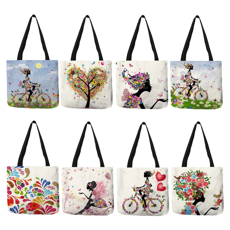 2018 Romantic Pattern Sac Feminin Women Totes Flowered Fairy Trees Bikes Handbag Eco Linen Girls Portable Bags Traveling Work