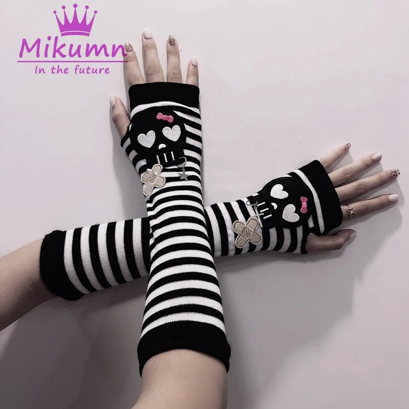 Harajuku Y2k Punk Women Long Fingerless Gloves Gothic Fashion Skull Striped Long Arm Gloves Warmer Knitted Mittens