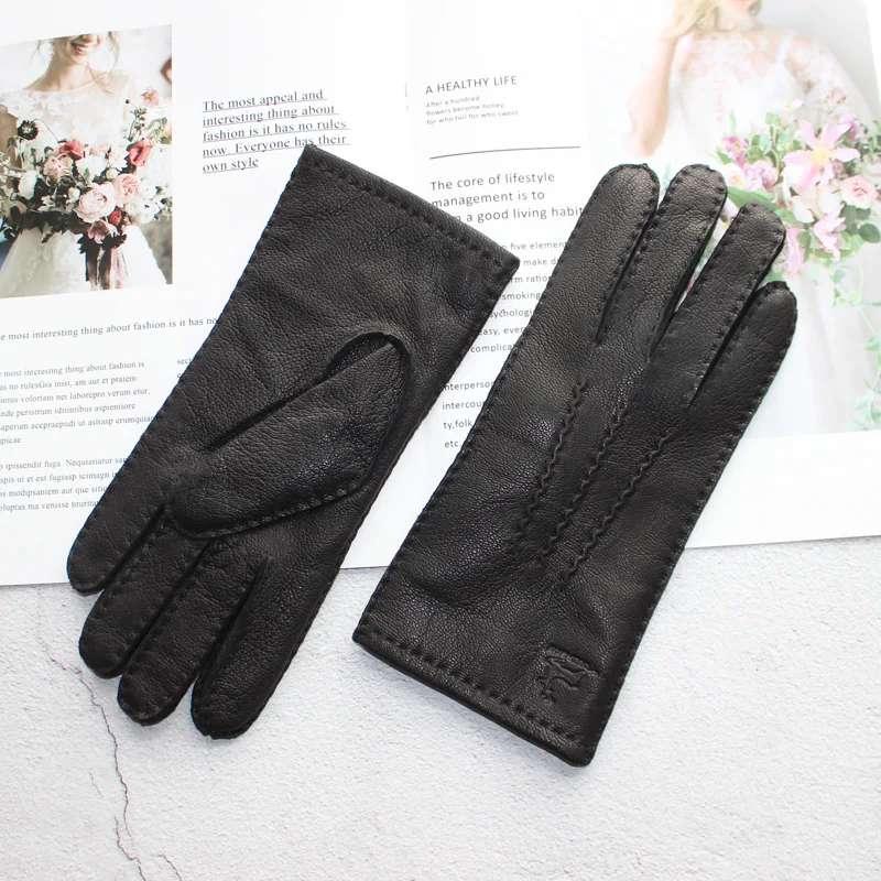 New women\'s deerskin gloves leather color fashion wool knitted lining hand-stitched outdoor driving and cycling warm gloves