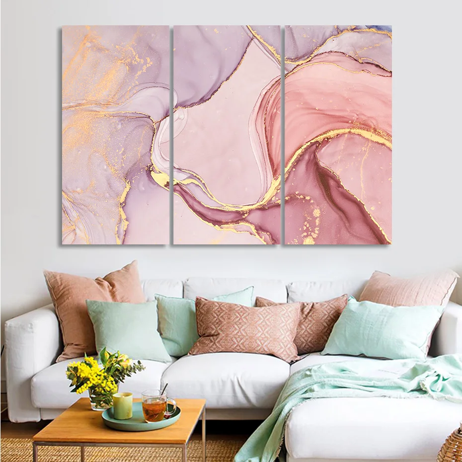 3PCS Modern Abstract Pink Gold Marble Artwork Canvas Paintings Posters Prints Wall Art Picture Living Room Interior Home Decor