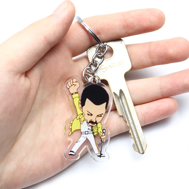 Freddie Mercury Keychain Rock Band Star Singer Cool Gesture Cartoon Figures Acrylic Key Chain Keyring Jewelry For Women Men Gift