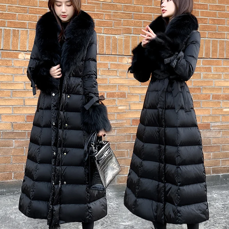 

New Winter Fox Fur Collar Coats Women X-Long Warm Down Jacket Parkas Female Black Slim Down Coats White Duck Down Winter Jackets