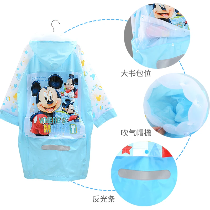 Disney Children Raincoat Poncho Boy Mickey Raincoat with Schoolbag Bit Cartoon Kid Student Raincoat Girl Minnie Raincoat Gifts