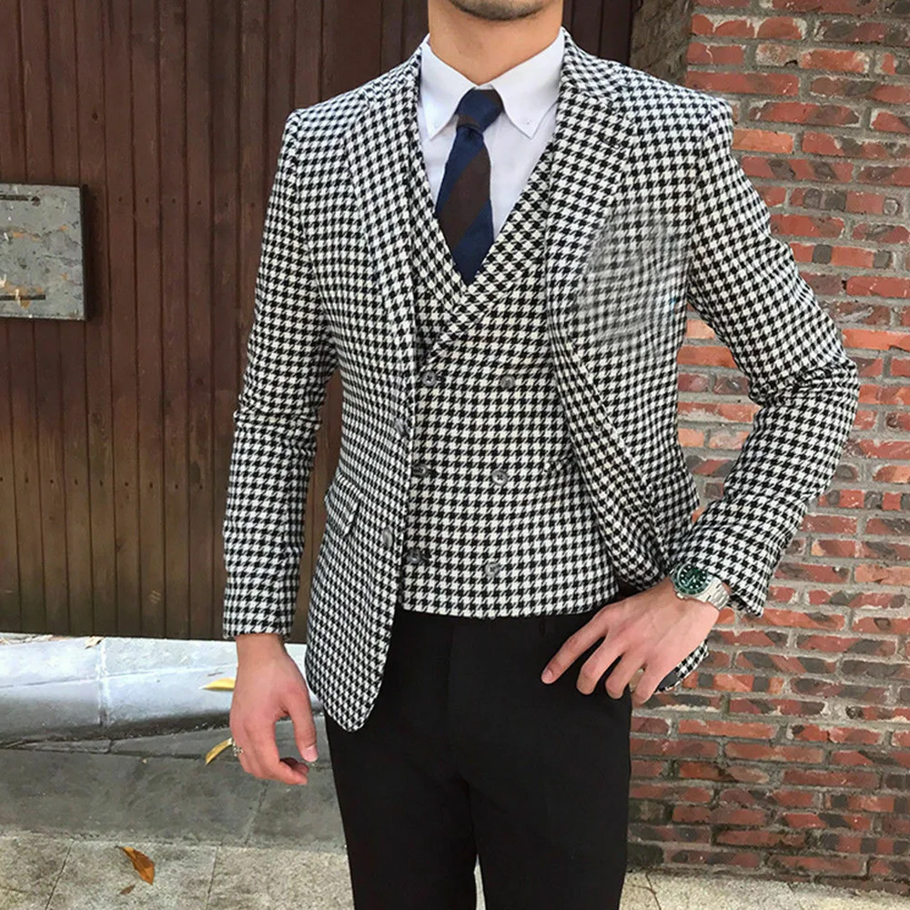 

JELTONEWIN Houndstooth Design Wedding Tuxedo For Groom Slim Fit Men Suits Notch Lapel Smoking Party Blazer Male Costume Homme