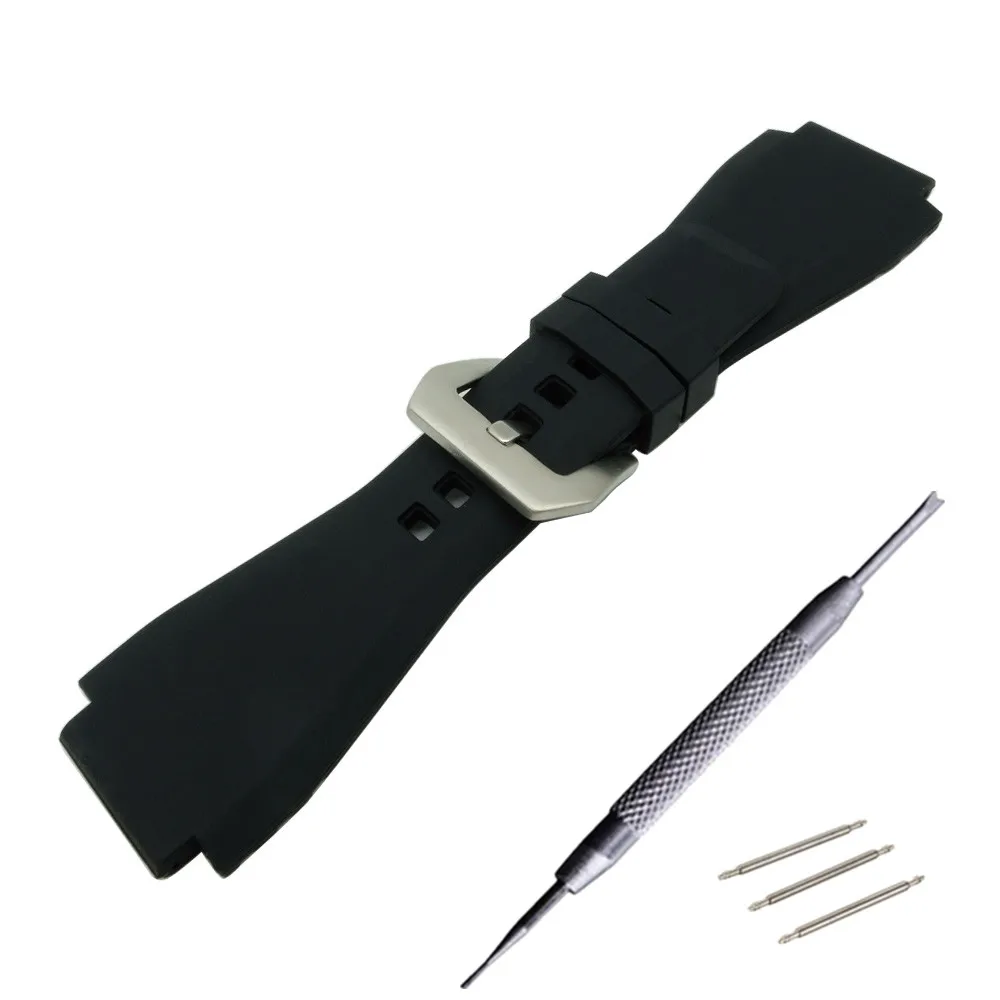 24 X 34mm Black Rubber Leather Watch Band Strap for Bell for Ross BR-01 and BR-03 DIY Replace Black / Silver Buckle