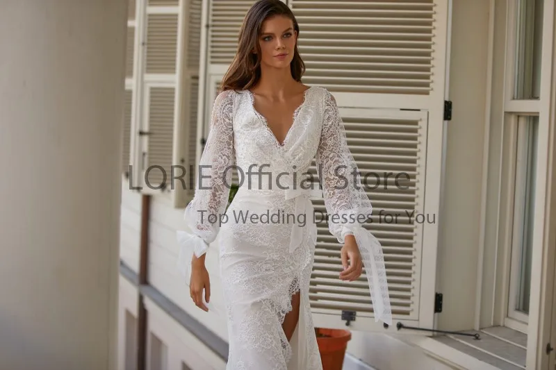 Lorie Bohemian Trouwjurken V-hals Lange Puff Mouwen Mermaid Lace Nieuwe Collectie Jurk Side Split Boho Bridal Jurk