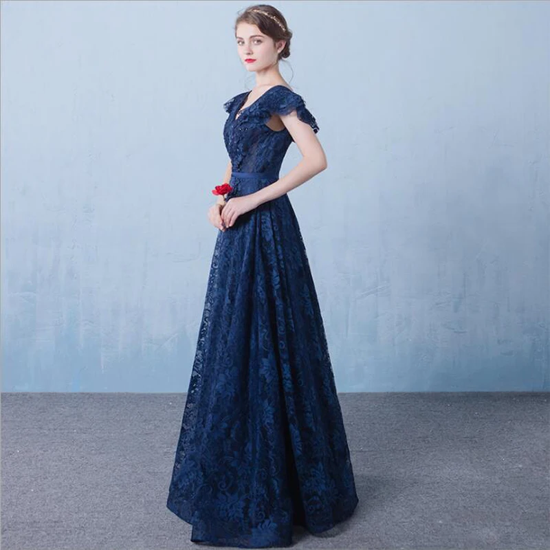 Neue Vintage Abendkleid Navy Blau Tüll Sexy V-ausschnitt A-Line Lange Prom Party Kleider