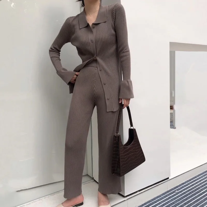 Fashion Knitted Cardigan Coat + Wide Leg Pants Suit Women Casual Two-piece Trouser Set Autumn New Sweater Tracksuit