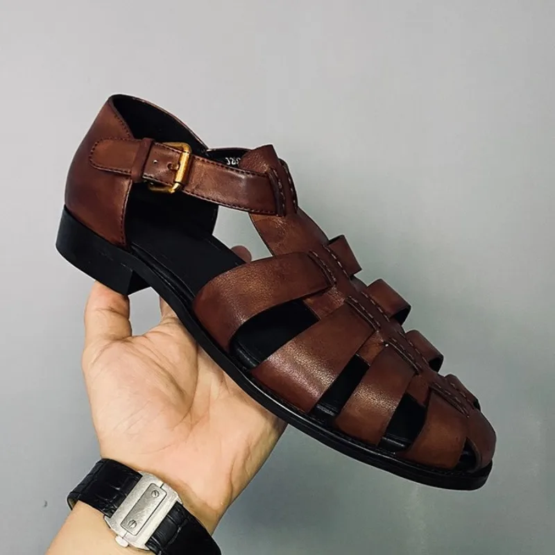 Size 45 46 Retro Rome Shoes Men Handmade Genuine Leather Cowhide Flat Sandals Luxury Breathable Summer Hollow Out Formal Shoes