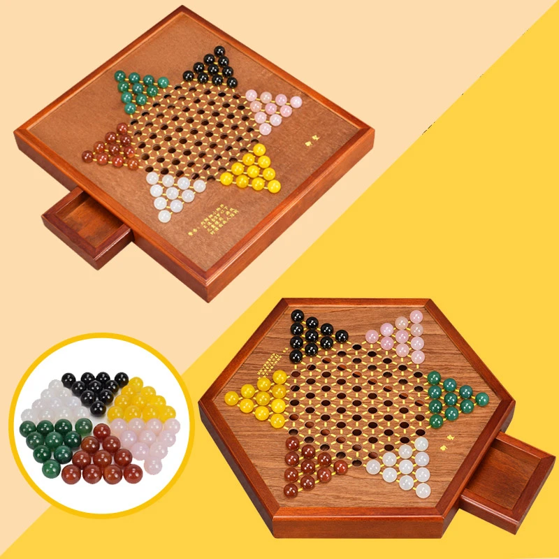 High Grade Multicolor Glass/Agate Chinese Checkers Chess Set Fine Wooden Hexagon/Rectangle Chessboard Classic Game T6