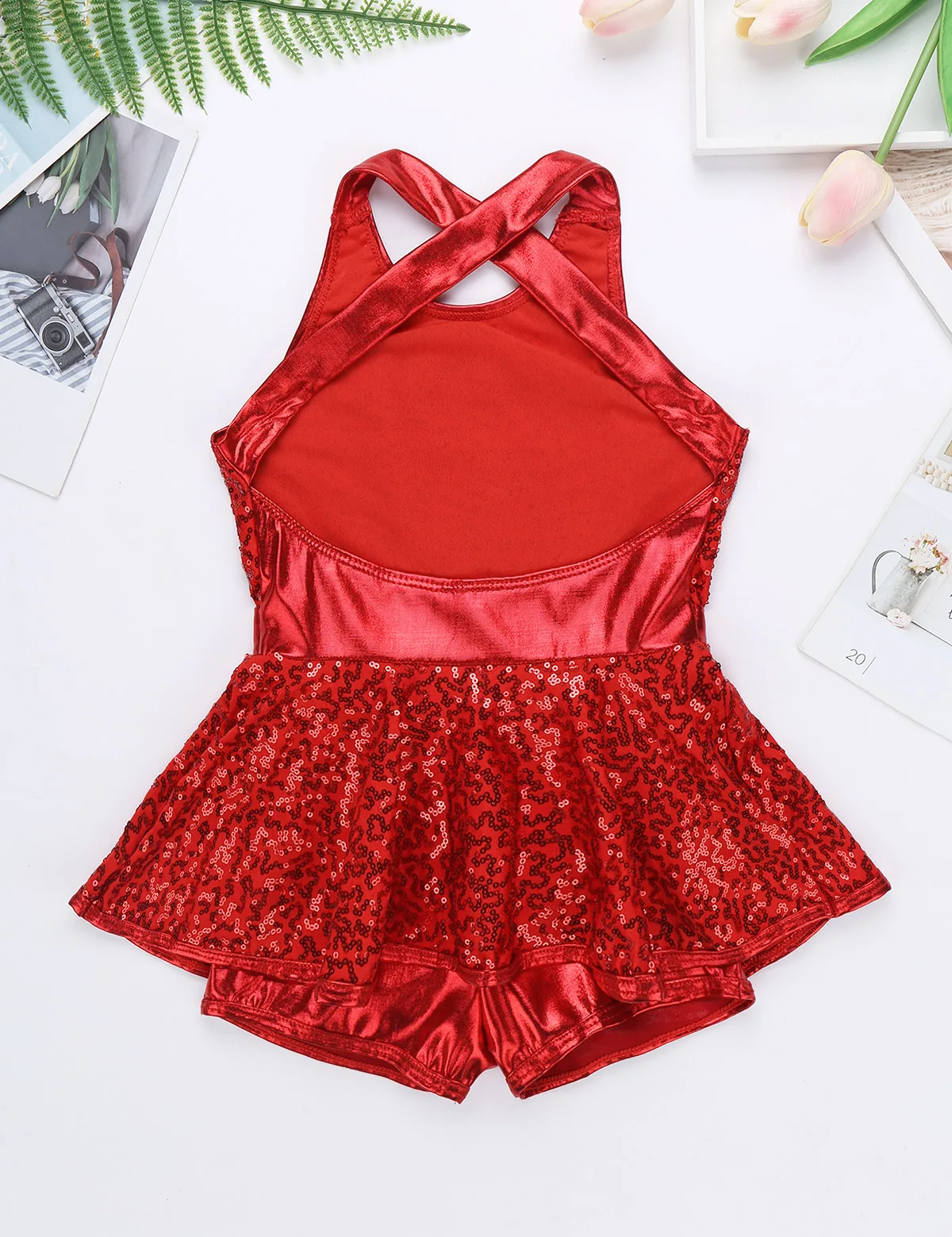 Kids Girls Jazz Modern Tap Dancewear Sleeveless Sequined Criss Cross Back Waist Bowknot Gymnastic Ballet Dance Leotard Dress