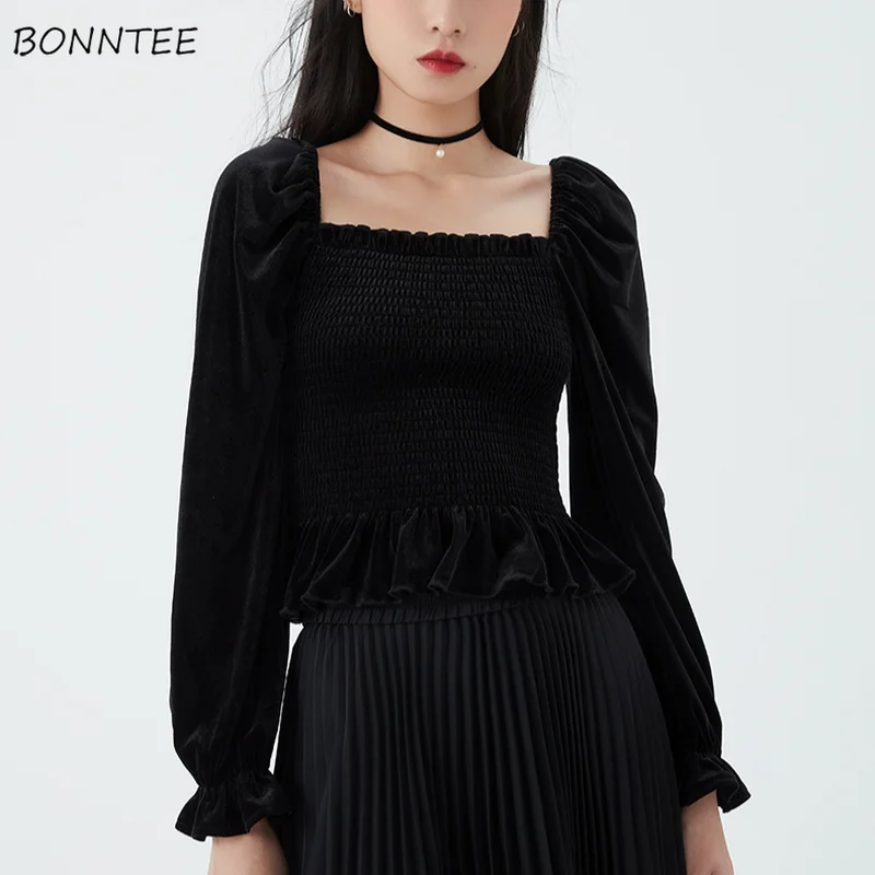 Blouses Women Square Collar Fashion Flare Sleeve Charm Elegant Black Vintage Solid Top Feminino French Style Classy Retro Slim