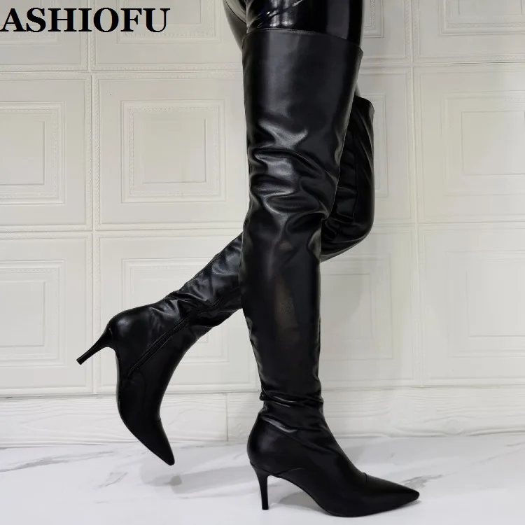 ASHIOFU Wholesale Women's High Heels Long Boots Sexy Real-photos Party Prom Evening Thigh High Boots Large Size Fashion Boots