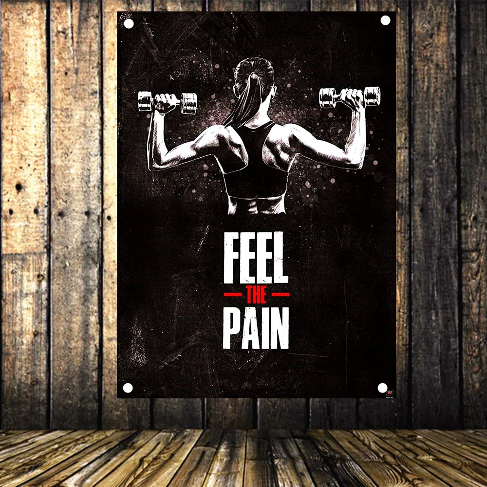 FEEL THE PAIN Vintage Exercise Fitness Banners Flag 4 Gromments in Corners Canvas Painting Inspirational Posters Gym Wall Decor