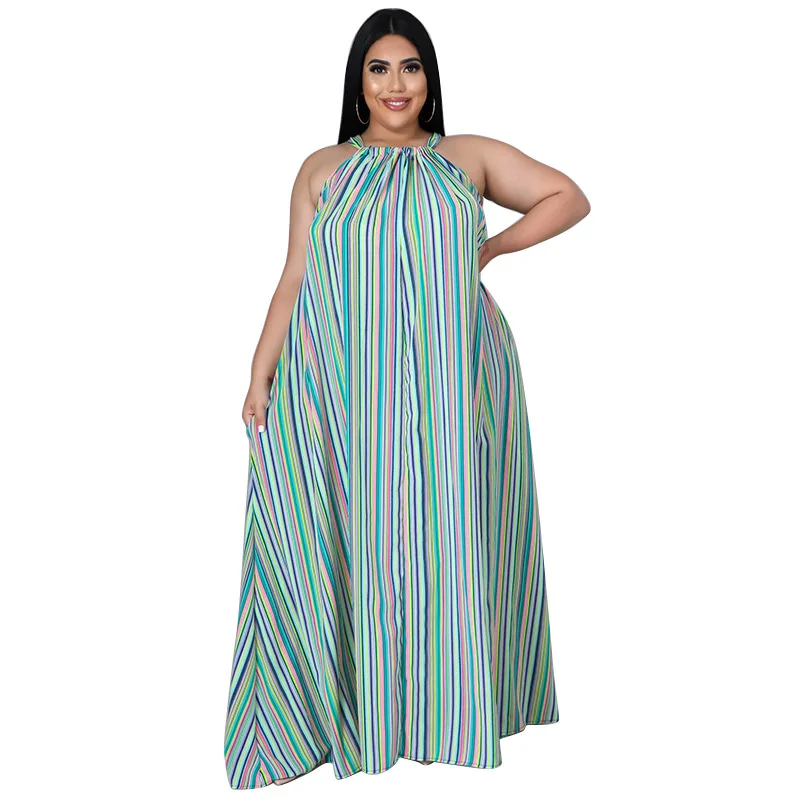 L-4XL 2022 summer plus size women clothing fashion stripe halter sleeveless casual club sexy dress  Wholesale Dropshipping