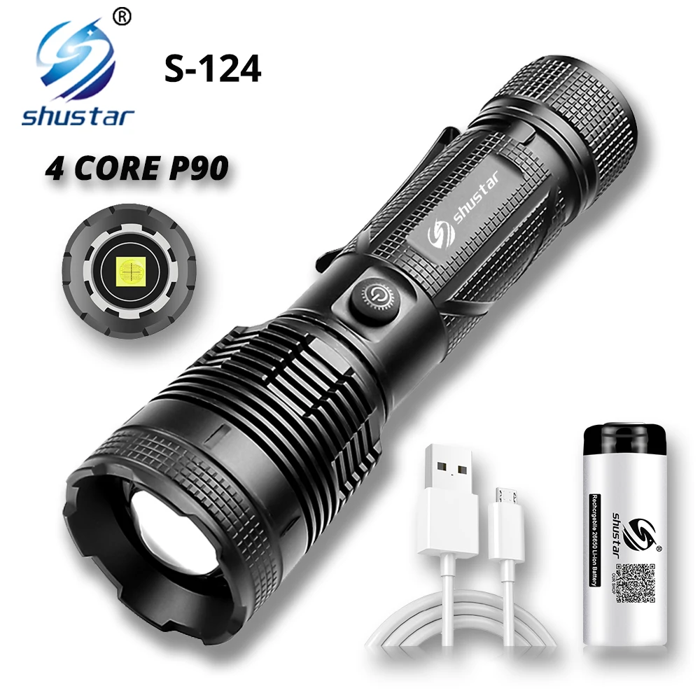 Super Bright 4 CORE P90 LED Flashlight With safety hammer Support zoom 3 lighting modes Suitable for adventure,hiking,Camping