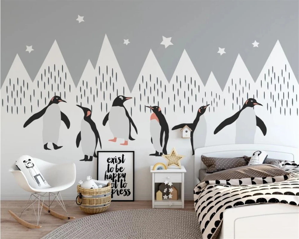 

Beibehang Custom wallpaper snow mountain penguin flat illustration children's room Nordic background walls mural 3d wallpaper