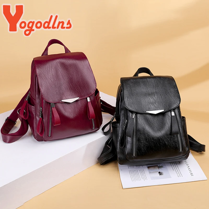 Yogodlns Luxury Backpack For Women Soft PU Leather Backpack Travel Large Capacity School Bag Double Zipper Business Knapsack